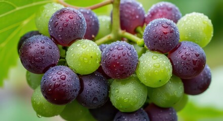 Dew-Kissed Grapes: A Close-Up of Red and Green Grapes on the Vine