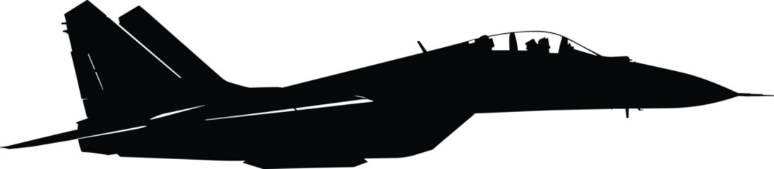 Silhouette of military fighter jet, isolated aircraft vector, modern warplane side view, twin-engine supersonic plane, aviation design, defense airplane, air force illustration