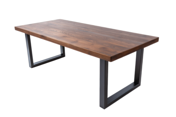 Modern wooden dining table with black metal legs isolated on transparent background