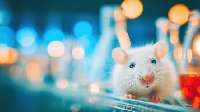 White rat exploring a laboratory with glowing liquids and scientific equipment