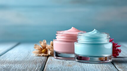 Two jars of light-colored cream, pale pink and light blue, on a light blue wooden surface with flowers