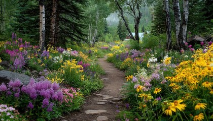 Colorful flower-filled path through a lush forest garden