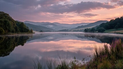 Serene lake sunrise, mirrored clouds