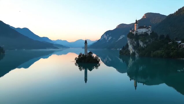 Breathtaking morning view of a historic church on an island and a cliffside castle, perfectly mirrored in a still alpine lake