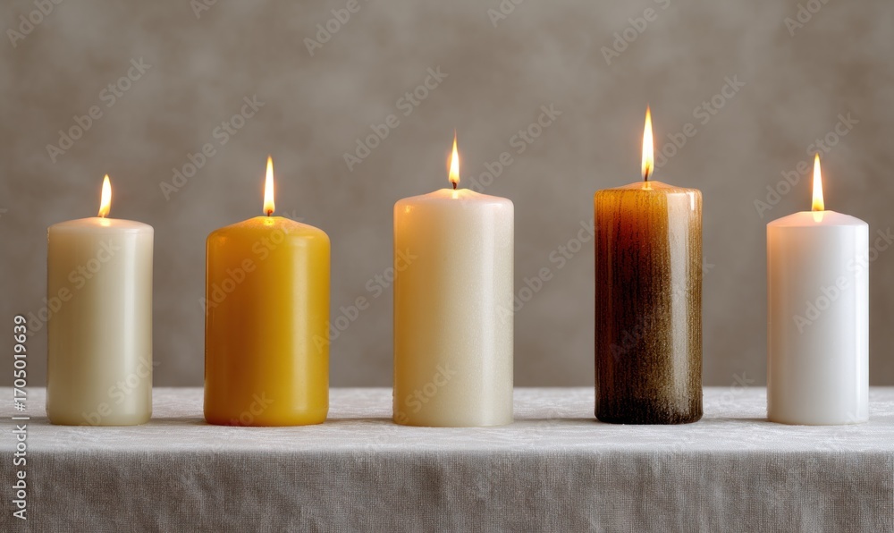 Poster a collection of five or six burning candles emits a soft glow, creating a calming atmosphere. the ca