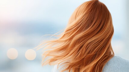 Fototapeta premium Young woman with flowing red hair enjoying a scenic view outdoors