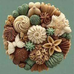 Round arrangement of sculpted pasta in muted earth tones and sage green,  a decorative design