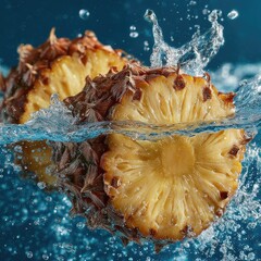 Pineapple halves in water with splashes