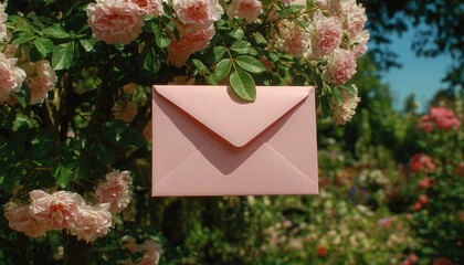 Pink envelope hangs amongst blooming roses