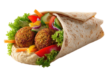 Falafel wrap filled with hummus, vegetables, and greens