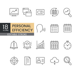 A set of vector icons representing personal efficiency tools, including scheduling, planning, focus, notifications, reminders, charts, and time tracking