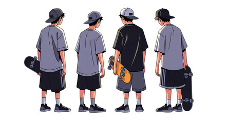 Set of skater boys in street style clothes holding skateboards from a back view