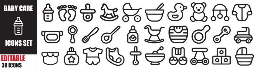 Obraz premium Baby Care Icons Set: Editable 30 Newborn, Infant, and Toddler Vector Icons for Web and Apps