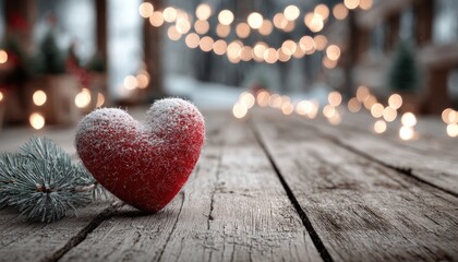 Rustic heart, snow, lights