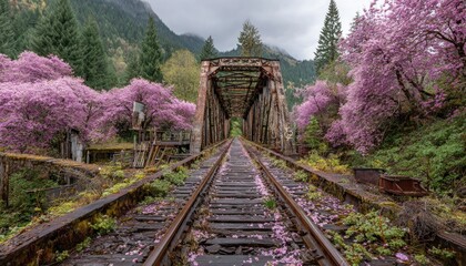 Rusty bridge, vibrant pink blossoms frame a railway track