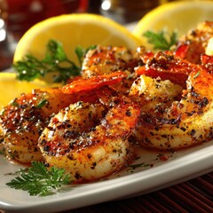 Roasted shrimp with lemon slices