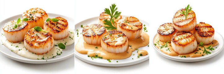 Grilled scallops splashing, creamy mayonnaise, isolate on white background. Set