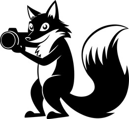 Fox with a camera taking pictures. silhouette vector icon , black and white , white background