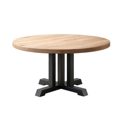 Round wooden dining table with black metal base isolated on transparent background