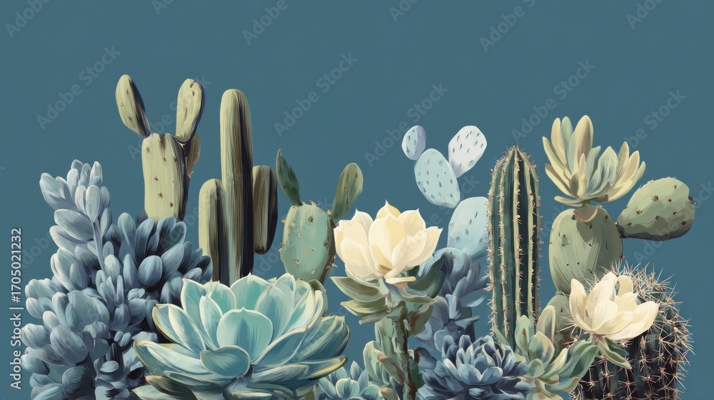 Poster different varieties of succulents and cacti are arranged in an abstract layout, showcasing their uni