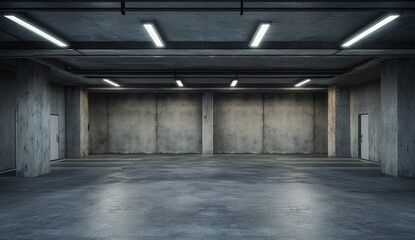 Empty concrete underground parking lot with walls and doors. Dark gray empty room background for presentation or advertising. Abstract futuristic scene of an open garage, minimalistic interior