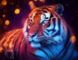 Naklejka premium Tiger in a vibrant dreamy atmosphere with colorful flares and sparkling ambient light
