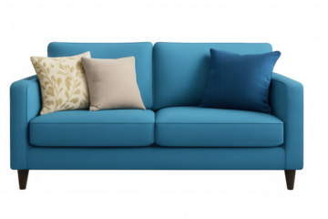 Comfortable blue sofa with decorative pillows isolated on transparent background, perfect for interior design projects