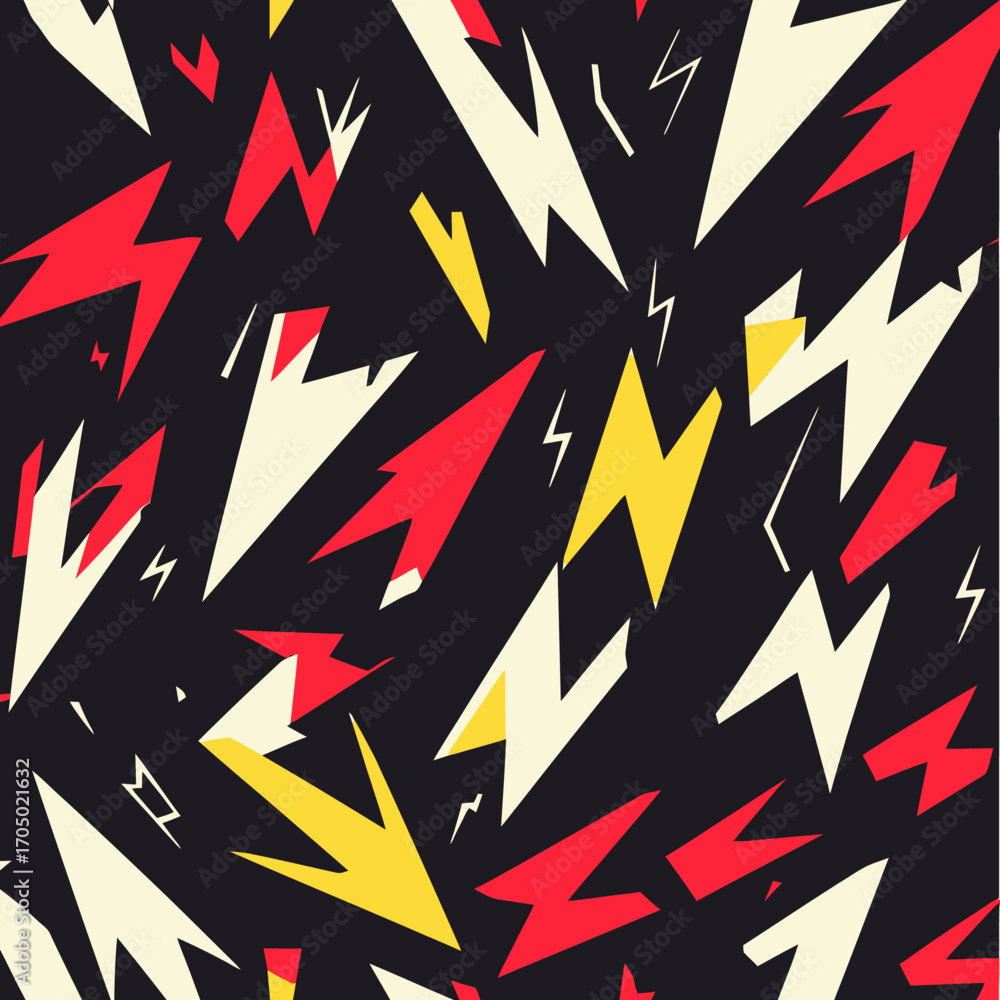 Poster abstract dynamic pattern of sharp lightning bolts and jagged arrows in red yellow and white on black
