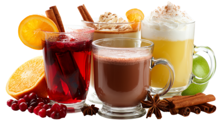 Christmas mulled wine, hot chocolate, eggnog, apple cider. Colorful selection of warm and cold beverages, showcasing seasonal fruits, rich spices, and fresh garnishes in festive glassware.