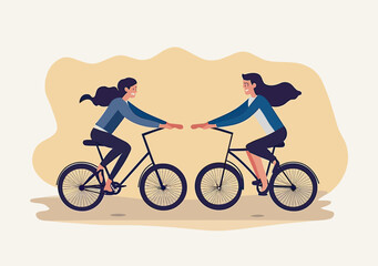 Fototapeta premium Two businesswomen riding bicycles facing each other illustrating conflict disagreement challenge teamwork concept in flat vector style