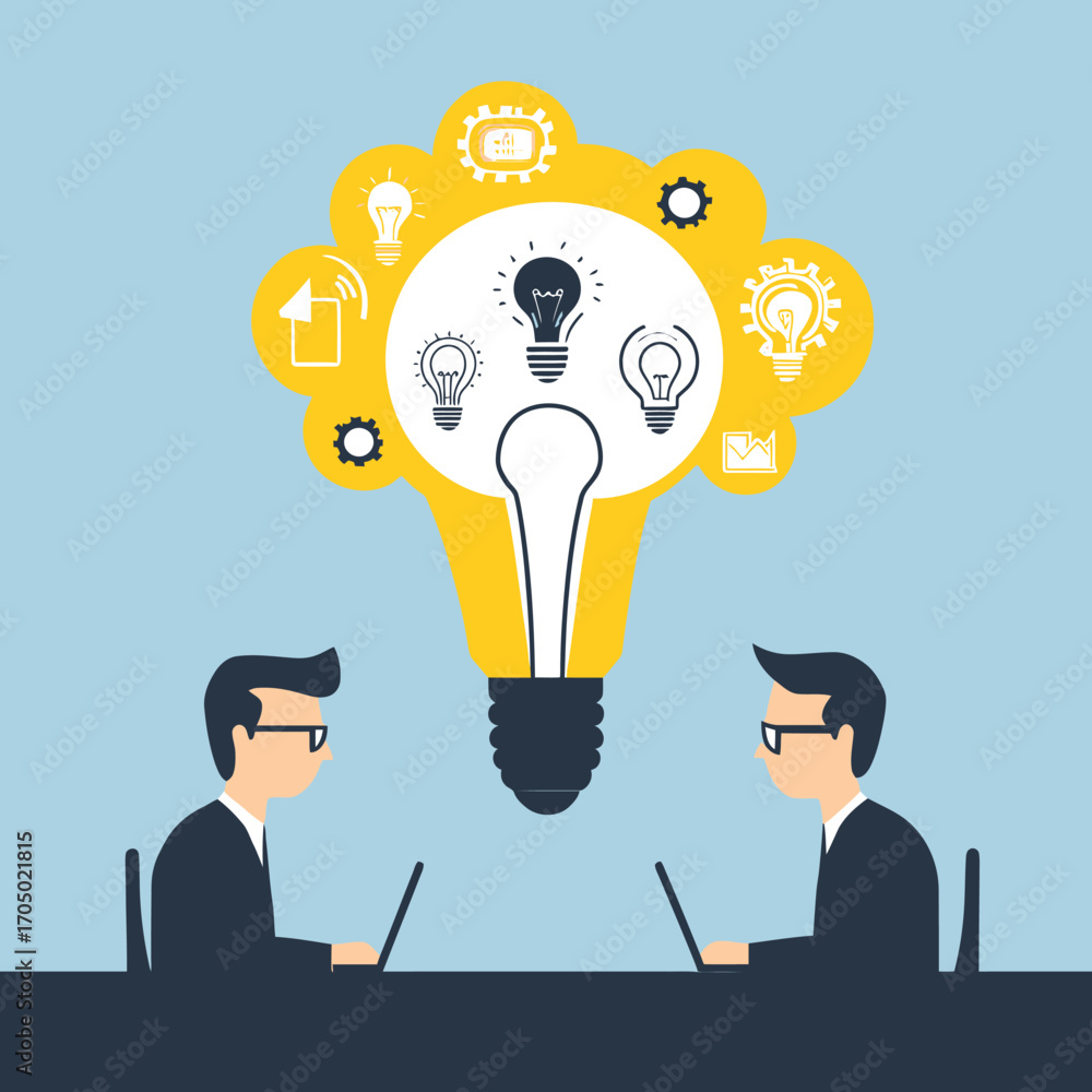 Poster two male business professionals working on laptops with large illuminated light bulb and multiple li