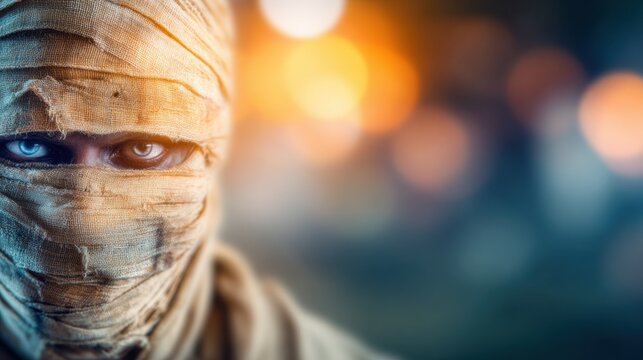 Cloth-wrapped figure stares intensely at the night audience