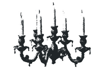 Distressed dark ornate candelabra with five unlit candles on transparent background. Vector hand drawn illustration