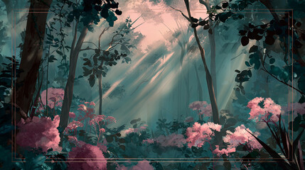 Magical forest with sun rays through trees and pink flowers in soft green misty atmosphere.