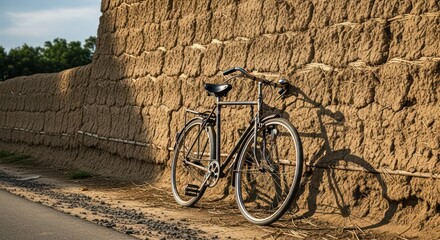 Vintage Bicycle Leaning Against Textured Mud Wall in Warm Sunlight