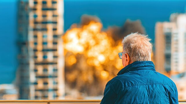 Man observing explosion from balcony overlooking city with ocean view