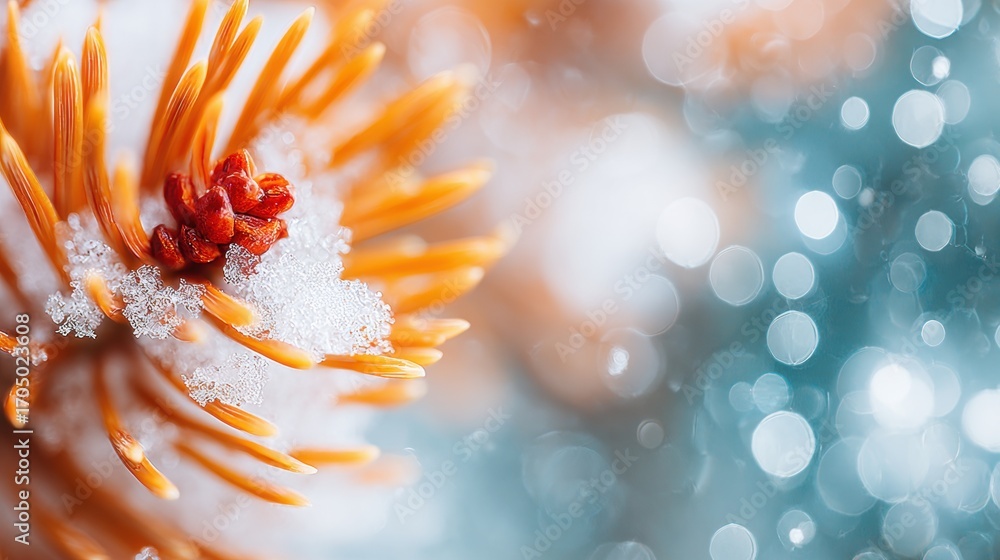 Poster frosted pine needles with a hint of snow in a tranquil winter setting