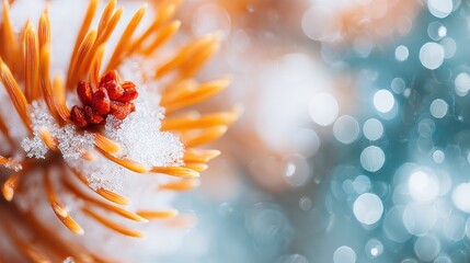 Fototapeta premium Frosted pine needles with a hint of snow in a tranquil winter setting