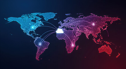 Global data transfer and cloud computing concept with digital world map, showing connections between different regions, illustrating network and technology