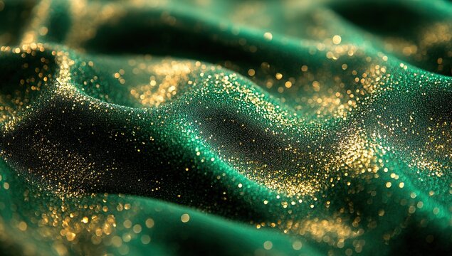 Green and gold glittering fabric, a green background, with waves of green glitter in the foreground, a shiny texture, green, shiny, and sparkling. - Powered by Adobe
