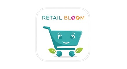 Cheerful Teal Shopping Cart with Floral Bloom Logo and Green Leaf Accents