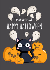 Halloween Vertical greeting Card Design with Cute Black Cat, Ghosts and Jack O' Lanterns Pumpkins Hand drawn Vector Illustration