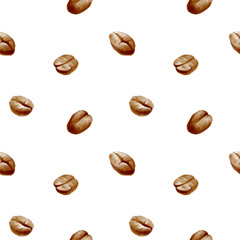 Coffee beans scattered in watercolor seamless pattern.Minimalistic,elegant design for packaging,labels or coffee-themed projects,emphasizing natural and organic aesthetics.Hand drawn illustration