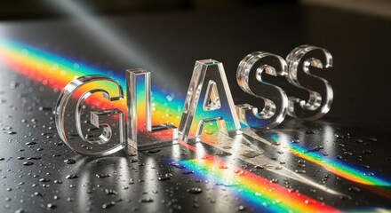 Transparent Glass Letters with Rainbow Light and Water Droplets on Surface