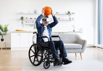 Middle-aged Caucasian man in wheelchair experiencing basketball game using virtual reality headset at home. Concept of accessibility, technology, entertainment.