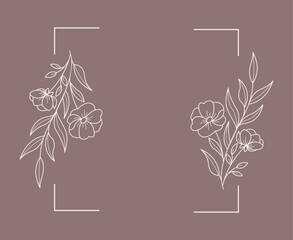 Floral and square hand drawn style. Floral brown frame of twigs, leaves and flowers. Frames for the Valentine's day, wedding decor, logo and identity template.