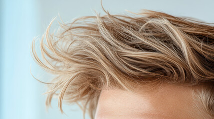 Fototapeta premium Fluffy hair with wind effect, showcasing texture and movement in close up shot