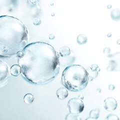 A photorealistic 3D render of hyaluronic acid as a deep hydration skincare ingredient, shown as floating translucent gel droplets and molecular