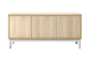 Modern light wood sideboard with white legs isolated on transparent background