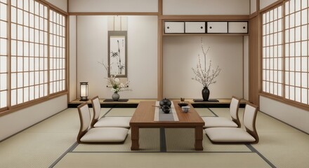 Tranquil Japanese Tea Room Interior with Minimalist Design and Floral Arrangements